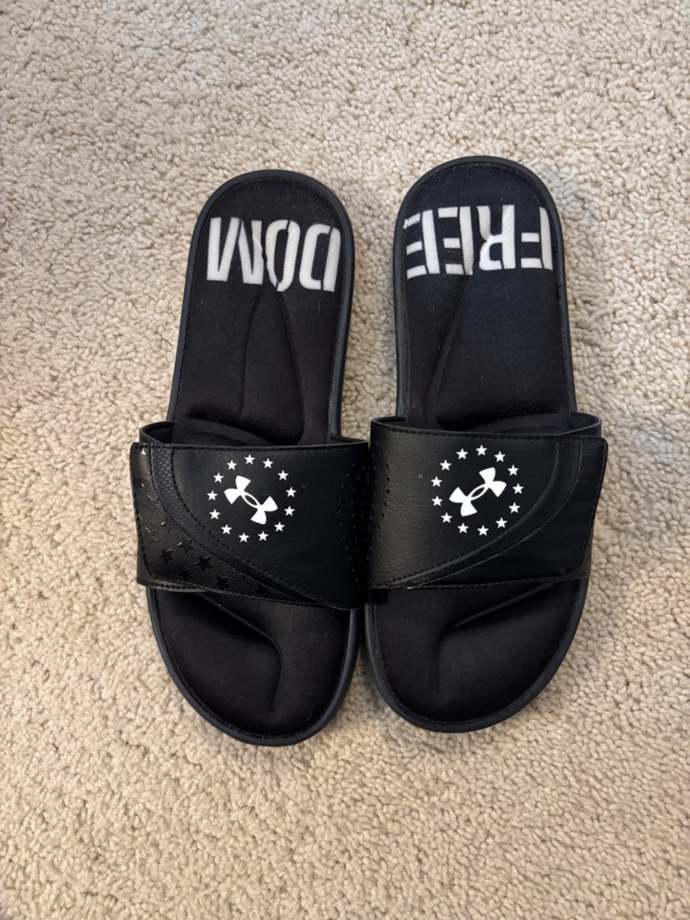 NWOT Under Armour Black Slide Sandals with White Logo Stars